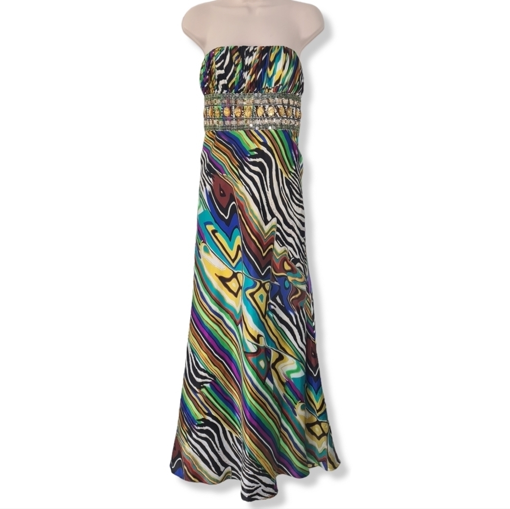 Y2K Caché Multi-Color Formal Dress Strapless Satin Gown Size 0